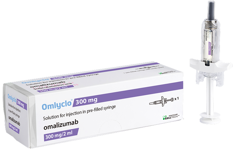 OMLYCLO 300 mg prefilled syringe and product carton